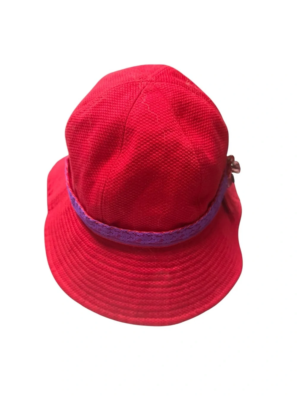 Vintage Red Cotton Wide-Brim Sun Hat Purple Trim red heart accents